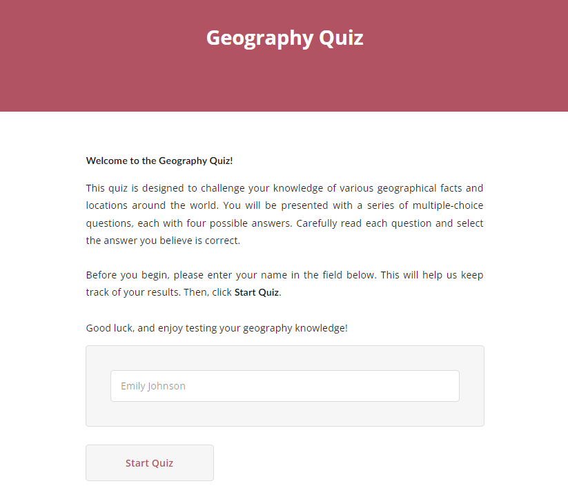 A Start Page in a quiz